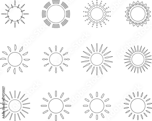 Sun icon set. Sun line star icons or logo collection. Summer, sunlight, sunset, sunburst. Vector illustration.