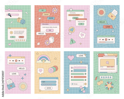Social media post in old school nostalgic design. Retro 80s 90s aesthetic backdrops, vintage backgrounds with old computer user interface. Set of square poster templates in vaporwave Y2K style. Vector