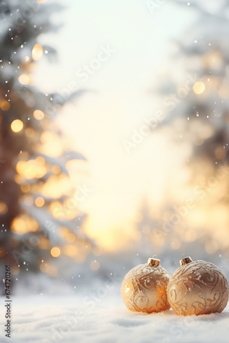 Funkelnde goldene Weihnachtsornamente im sanften Schneegestöber