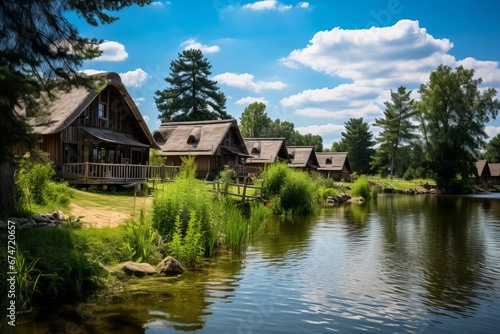 Rural landscape featuring traditional wooden houses by the water in the countryside