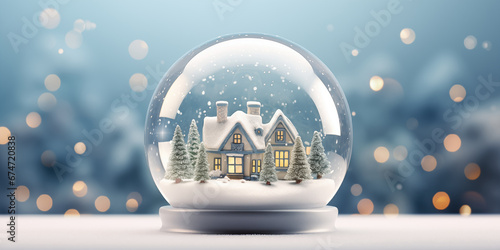 Happy New Year and Merry Christmas, Xmas with trees and house, Glass snow globe, Festive Christmas object, Holiday poster, generative ai