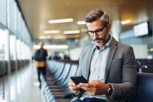 Photo of a middle-aged Caucasian man in front of an information board at the airport. He checking online check-in via a smartphone app.