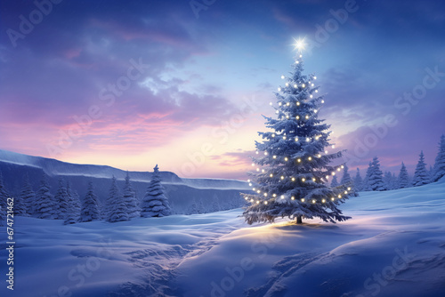 Verzauberte Schneelandschaft mit einem erleuchteten Weihnachtsbaum © Michael Roskosch