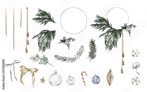 Bright watercolor Merry Christmas set of traditional decor and elements plants. Hygge cozy holidays 2024. Merry christmas card. 