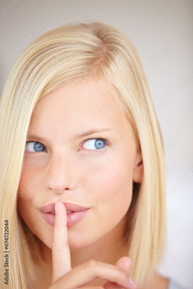 Woman, top secret idea and finger on lips for sign, choice or deal with thinking for drama by background. Girl, hand and mouth for icon, whisper and gossip for decision, news or privacy in closeup Woman, top secret idea and finger on lips for sign, choice or deal with thinking for drama by background. Girl, hand and mouth for icon, whisper and gossip for decision, news or privacy in closeup