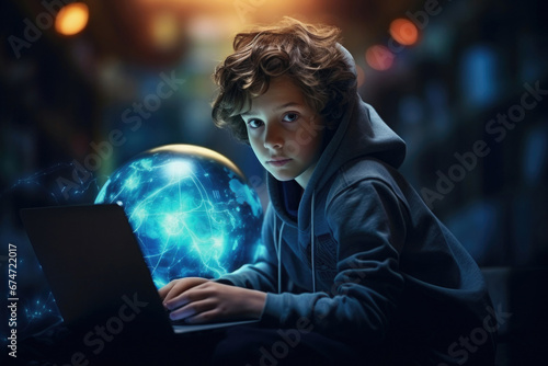 a teenage boy sits at a laptop next to a projection of the planet earth.Generative AI