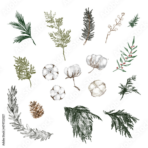 Bright watercolor Merry Christmas set of traditional decor and elements plants. Hygge cozy holidays 2024. Merry christmas card. 