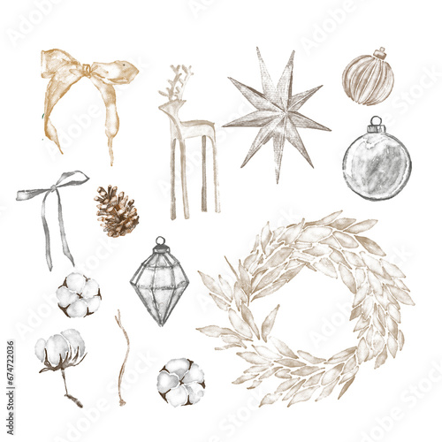 Bright watercolor Merry Christmas set of traditional decor and elements plants. Hygge cozy holidays 2024. Merry christmas card. 