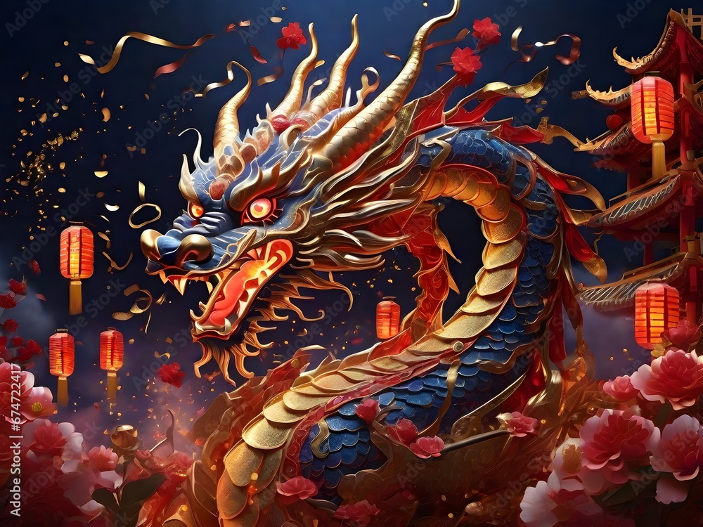 Obraz premium Chinese New Year dragon, adorned with shimmering golden scales and fiery red eyes