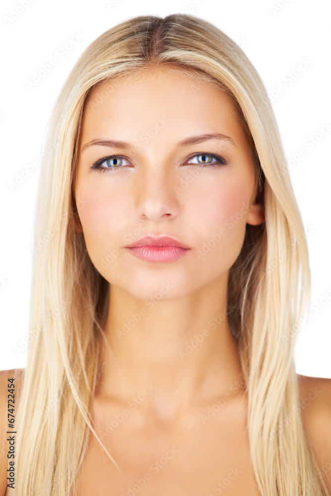 Portrait, skincare and woman in studio for wellness, glow or natural cosmetics on white background. Beauty, dermatology and face of serious female model with treatment, results or self care routine Portrait, skincare and woman in studio for wellness, glow or natural cosmetics on white background. Beauty, dermatology and face of serious female model with treatment, results or self care routine