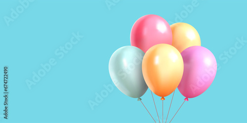 Bright 3d air balloon bunch on string festive surprise background with copy space realistic vector