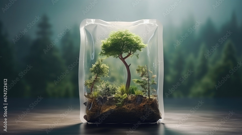 .transparent bag, inside there are trees planted with earth in nature, sunlight. Generative AI - obrazy, fototapety, plakaty 