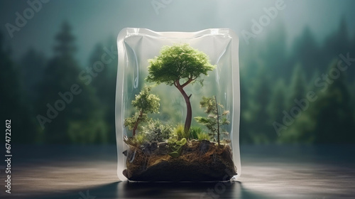 .transparent bag, inside there are trees planted with earth in nature, sunlight. Generative AI photo
