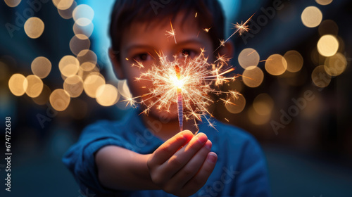 A joyful child holding a lit sparkler, smiling brightly against a backdrop of evening light with a bokeh effect.