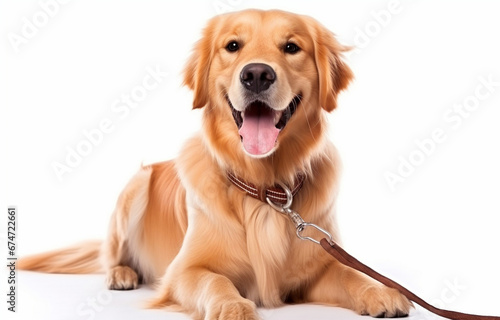 Adorable Golden Retriever dog with leash on white background