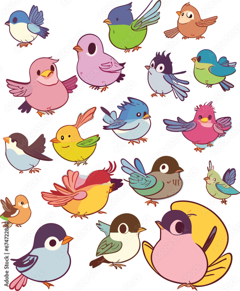 birds on a branch. Cheerful flying birds. Cartoon bird set in fly motion isolated on white background, happy garden movement little birdie vector illustrations

