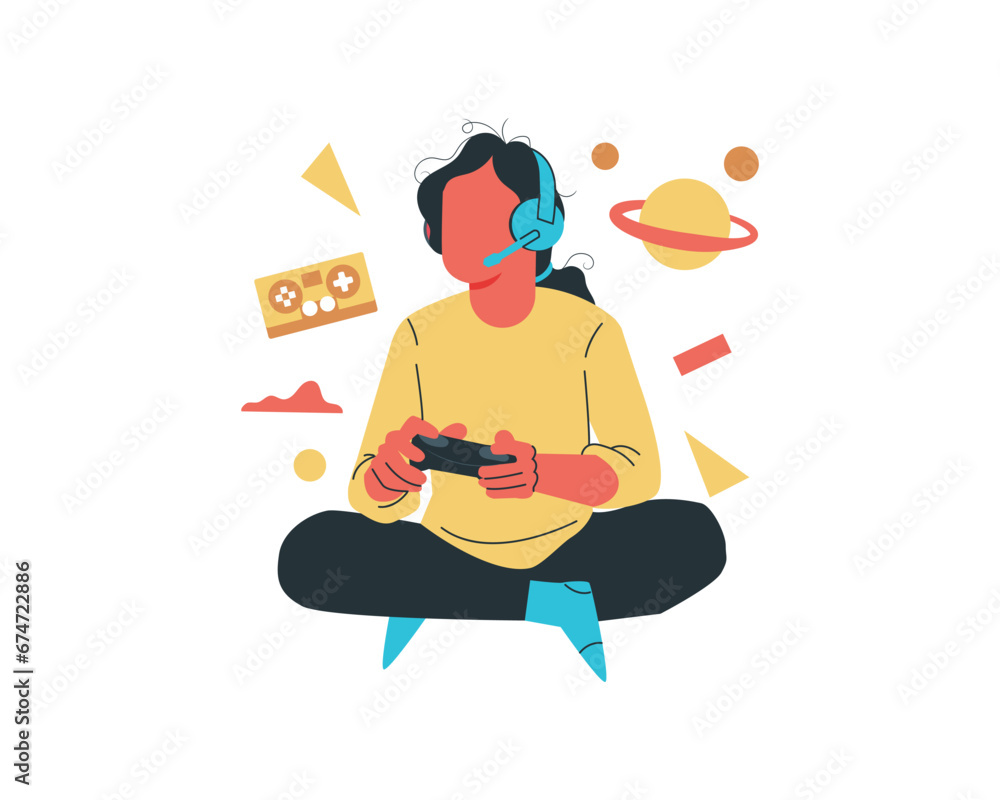 A girl playing video games. Vector illustration in flat cartoon style. A girl playing video games. Vector illustration in flat cartoon style.