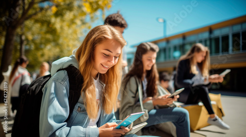 Teenage students happily smiling, gathered outdoors and watching something on smartphone near university college campus after classes