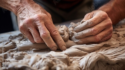 Close-up of a sculptora??s hands working on a clay sculpture, capturing the shaping and wet texture.