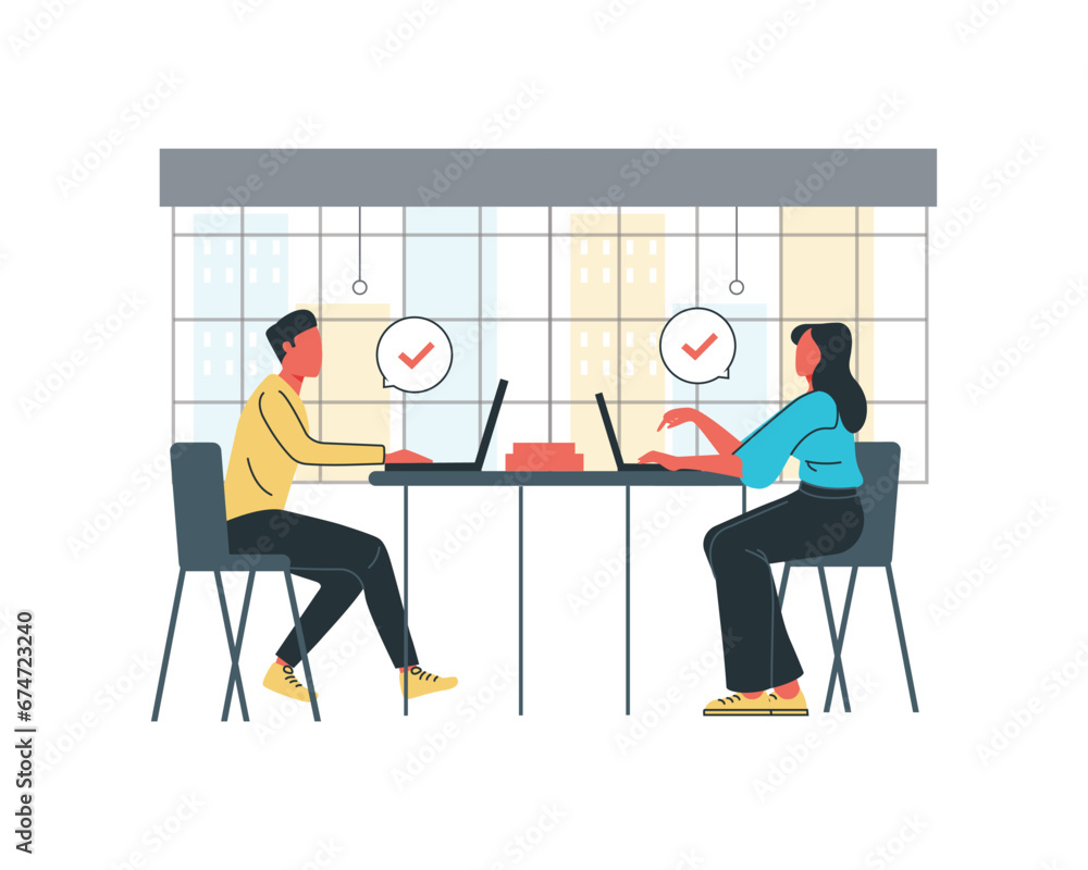 Man and woman sitting at the table in front of laptop. Business meeting concept. Flat vector illustration.