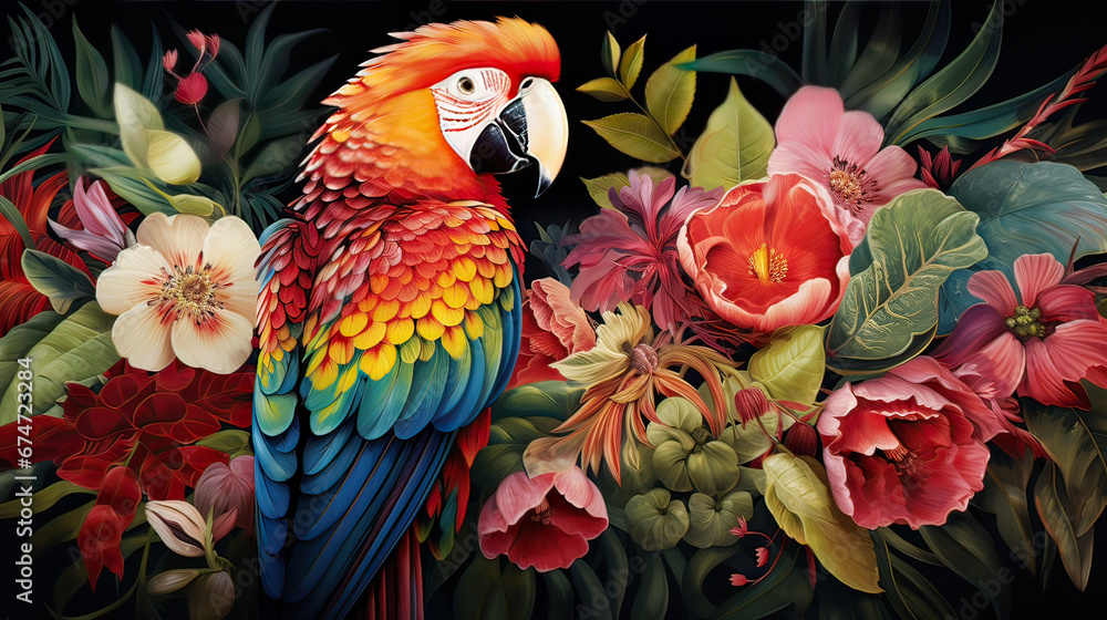 A parrot's dance in the wild, amidst a swirl of tropical flora and fauna Ai Generative