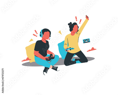 Young man and woman playing video games together. Flat vector illustration.