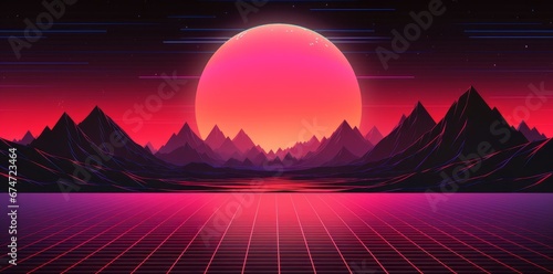 a retro futuristic cyberpunk landscape with neon colored mountains , vaporwave, cyberpunk sunset background. Back to 80's concept. futuristic geometric landscape, Sci-Fi background © XC Stock