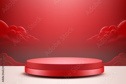 Red cylinder fashion podium pedestal with abstract cloud bubble wall background realistic vector