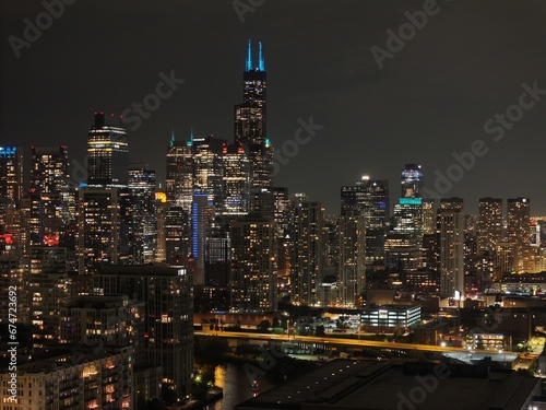 Ariel view of Downtown Chicago at night time 