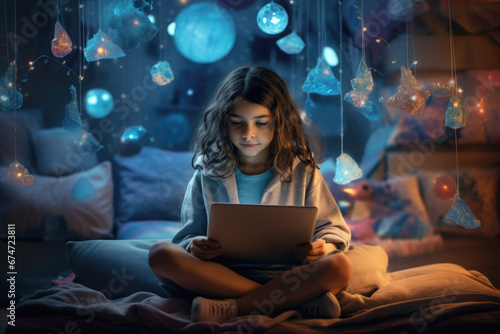 girl sitting cross-legged with a laptop at home on the bed in the room, among her there are cosmic lights.Generative AI