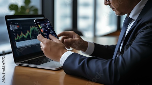 male professional in elegant suit checking new financial information through an app on a smartphone at desk. generative AI