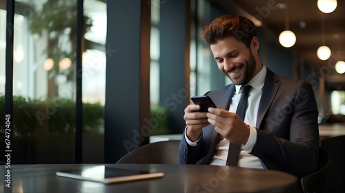 happy male professional in elegant suit checking new financial information through an app on a smartphone at desk. generative AI