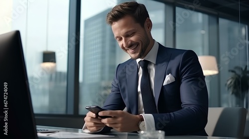 happy male professional in elegant suit checking new financial information through an app on a smartphone at desk. generative AI