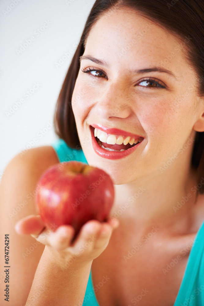 Health, happy and portrait of woman with apple for nutrition, wellness and snack in studio. Food, balance diet and face of person with fruit for vitamins, detox and lose weight on white background Health, happy and portrait of woman with apple for nutrition, wellness and snack in studio. Food, balance diet and face of person with fruit for vitamins, detox and lose weight on white background