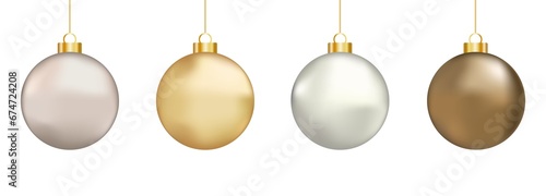 Set of four matte realistic Christmas balls on a transparent background.