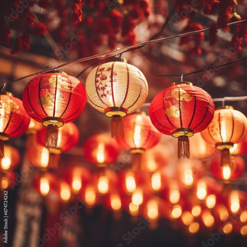 Chinese New Year lanterns on a red background. Festive atmosphere of the Chinese New Year
