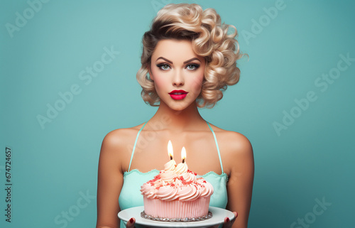Funny pin up girl with birthday cake