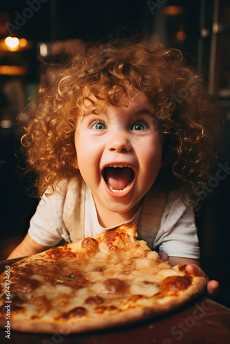 Funny and ridiculous child girl eats slice of pizza.