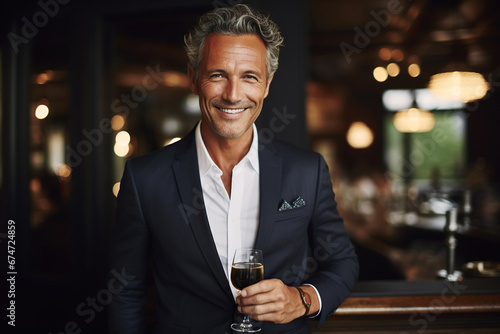 Handsome mature man holding glass of champagne and smiling.