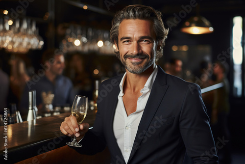 Handsome mature man holding glass of champagne and smiling.