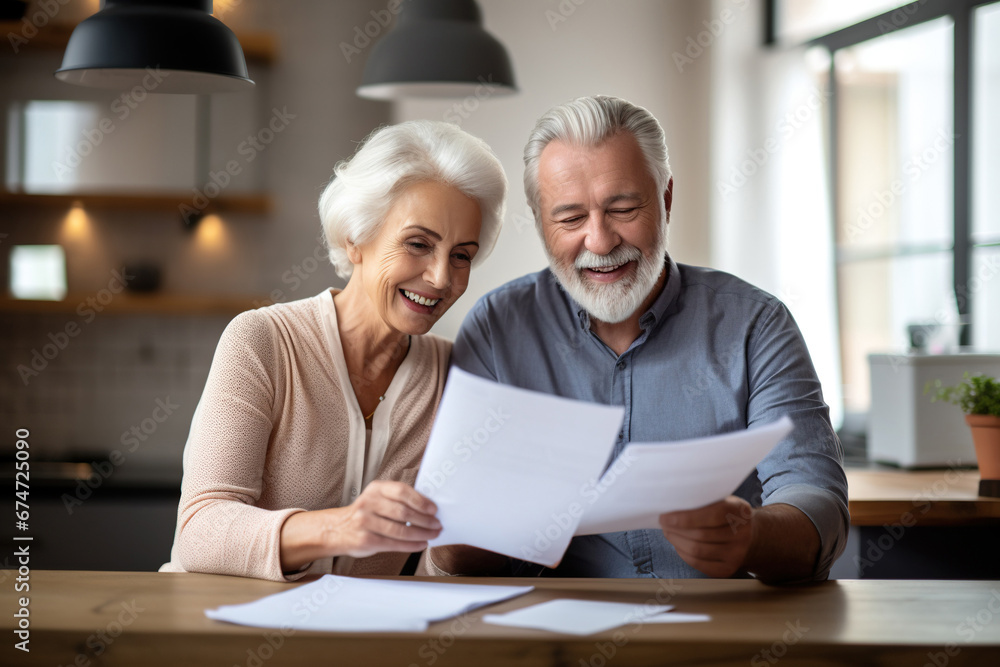 Happy satisfied senior retired couple reading legal document, financial report, paper insurance agreement Happy satisfied senior retired couple reading legal document, financial report, paper insurance agreement