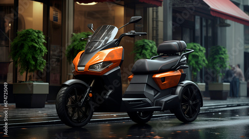 Cutting-edge, futuristic sports supercar three wheel vehicle, painted in grey orange shade, cruising through streets of city photo