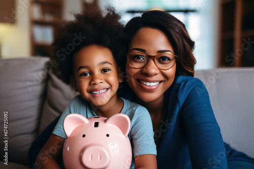Happy African American family holding piggy bank, looking at camera, smiling mother and little son saving money for future, insurance and investment concept