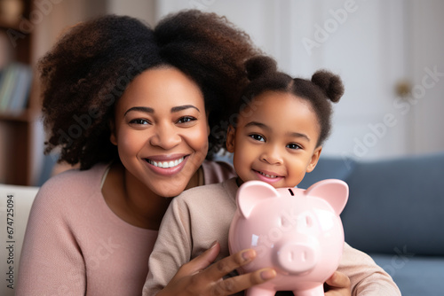 Happy African American family holding piggy bank, looking at camera, smiling mother and little daughter saving money for future, insurance and investment concept