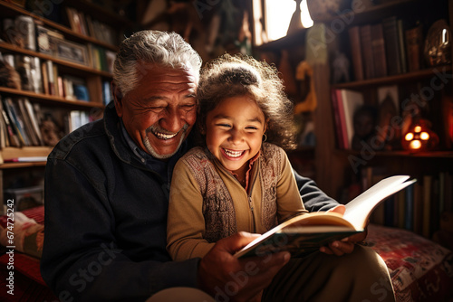 Hispanic Grandfather And Granddaughter Sitting On Floor Of Children's Bedroom Reading Book Together photo