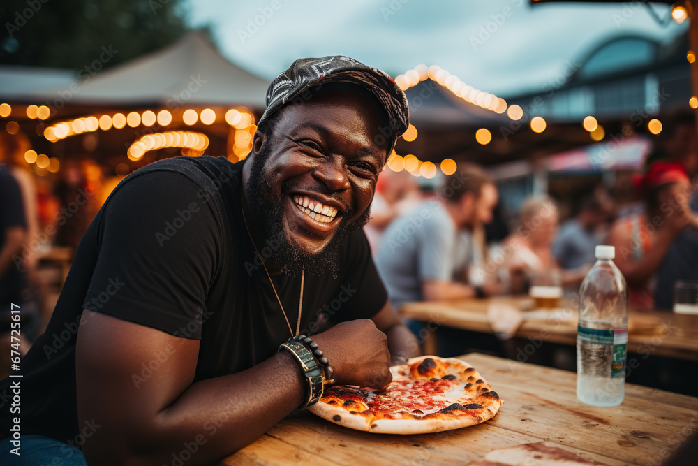 Portrait of a man eating pizza at the street food festival