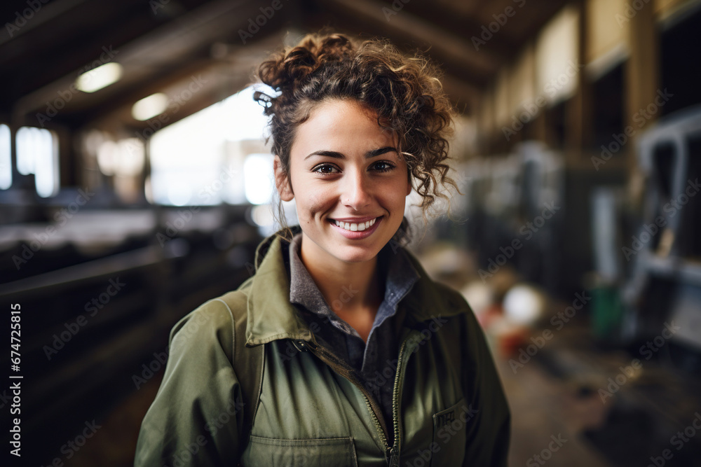 Portrait of a smiling young female farmer standing in cowshed and looking at camera Portrait of a smiling young female farmer standing in cowshed and looking at camera