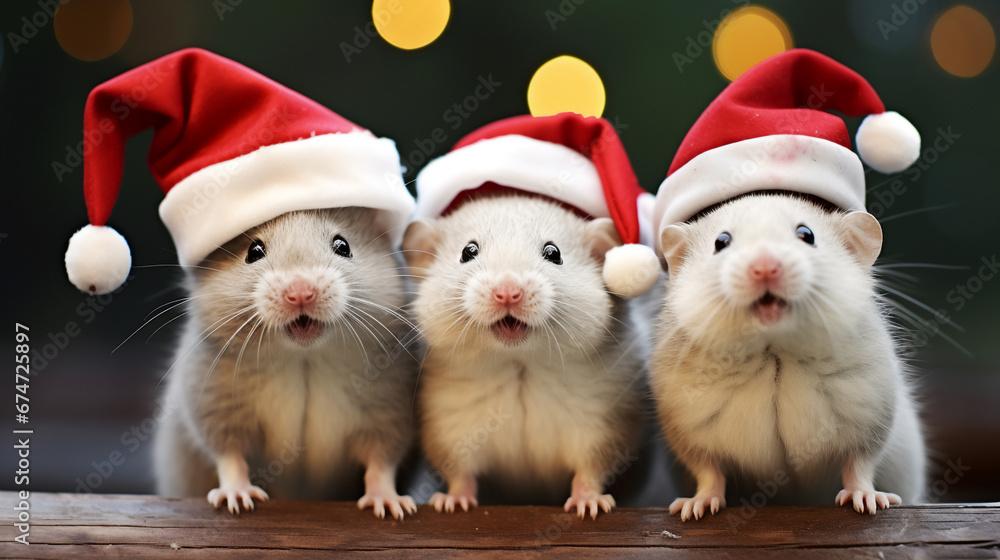 Three rats wear Santa Claus hats to celebrate Christmas together, concept of happy being together on special day Three rats wear Santa Claus hats to celebrate Christmas together, concept of happy being together on special day