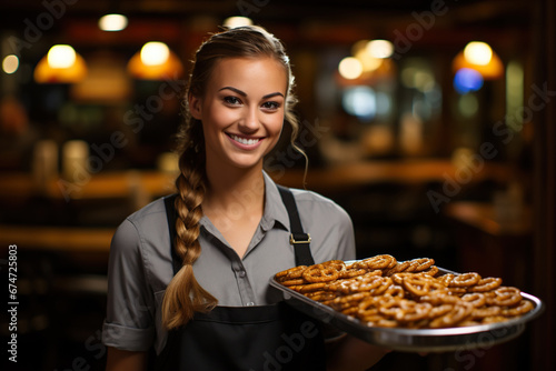 Portrait of a smiling waitress holding a tray with pretzels