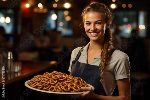 Portrait of a smiling waitress holding a tray with pretzels